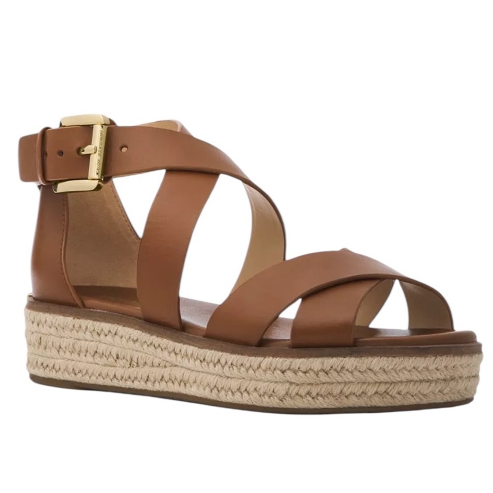 MICHAEL Michael Kors Tan Leather Espadrille Sandals with Gold Buckle